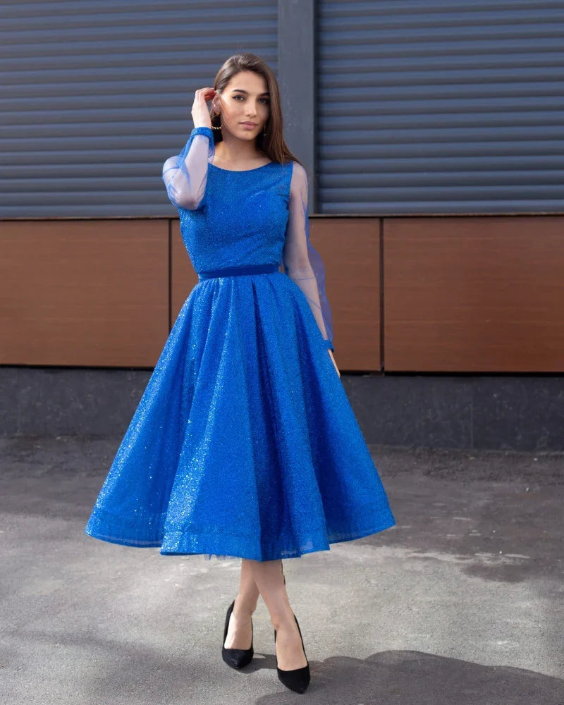 Formal Women's Dresses Light Royal Blue Tea Length Prom Dresses Scoop Neck Long Sleeves Homecoming Party Graduation Gowns Short A Line Women Wear Prom Dresses Stores