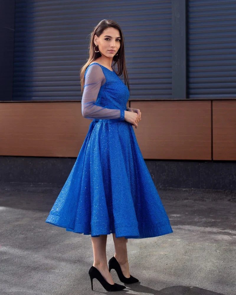 Formal Women's Dresses Light Royal Blue Tea Length Prom Dresses Scoop Neck Long Sleeves Homecoming Party Graduation Gowns Short A Line Women Wear Prom Dresses Stores