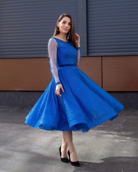 Formal Women's Dresses Light Royal Blue Tea Length Prom Dresses Scoop Neck Long Sleeves Homecoming Party Graduation Gowns Short A Line Women Wear Prom Dresses Stores