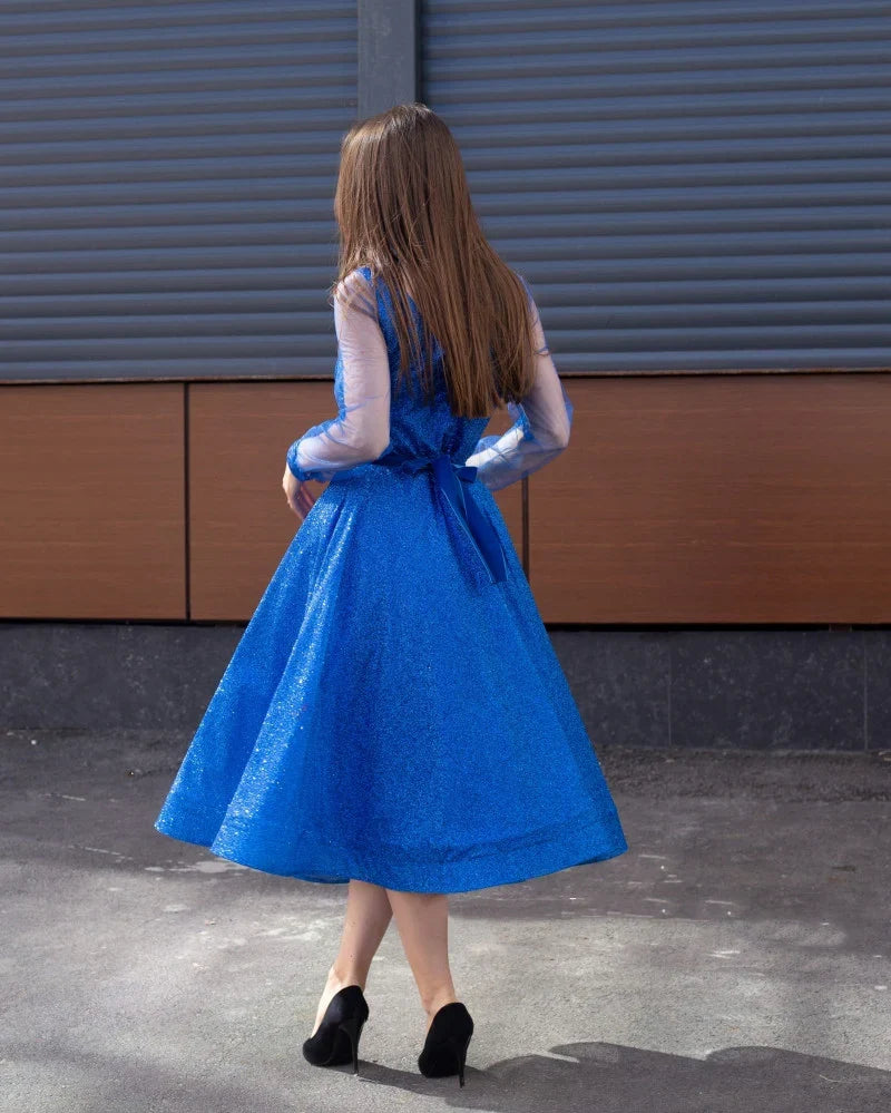 Formal Women's Dresses Light Royal Blue Tea Length Prom Dresses Scoop Neck Long Sleeves Homecoming Party Graduation Gowns Short A Line Women Wear Prom Dresses Stores