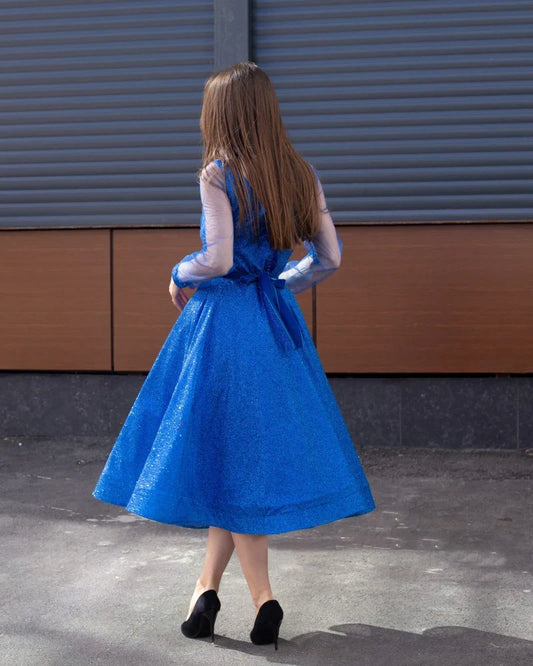 Formal Women's Dresses Light Royal Blue Tea Length Prom Dresses Scoop Neck Long Sleeves Homecoming Party Graduation Gowns Short A Line Women Wear Prom Dresses Stores