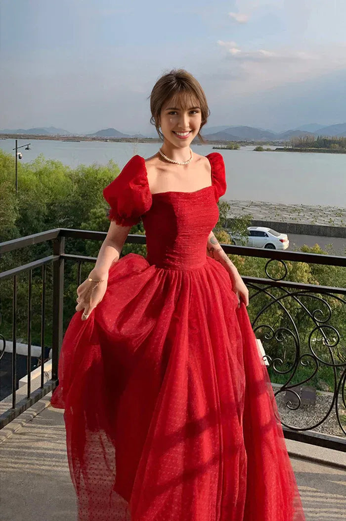 Formal Women's Dresses Red Tulle A-Line Cute Short Sleeves Long Prom Dress Graduation Dress Prom Clothing