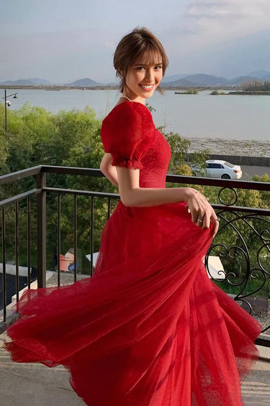 Formal Women's Dresses Red Tulle A-Line Cute Short Sleeves Long Prom Dress Graduation Dress Prom Clothing