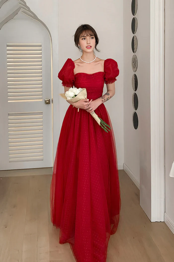 Formal Women's Dresses Red Tulle A-Line Cute Short Sleeves Long Prom Dress Graduation Dress Prom Clothing