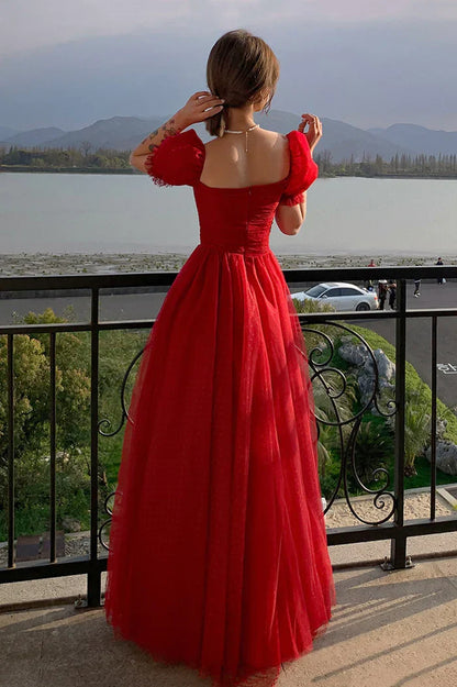 Formal Women's Dresses Red Tulle A-Line Cute Short Sleeves Long Prom Dress Graduation Dress Prom Clothing
