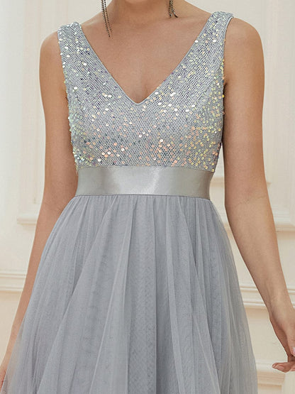 Sleeveless Sequin Ribbon Waist Tulle High Low Evening Dress