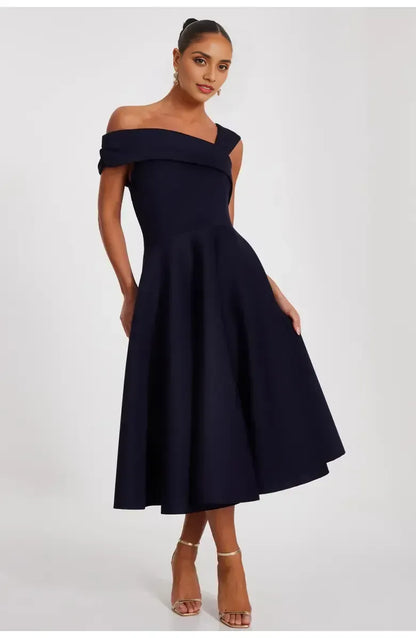 Simple A-Line Asymmetric-neck Sleeveless Backless Tea-Length Prom Dress