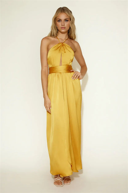 Simple A-Line Halter Neck Sleeveless Backless Floor-Length Prom Dress