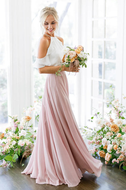 Simple A-Line Halter Neck Sleeveless Chiffon Floor-Length Prom Dress