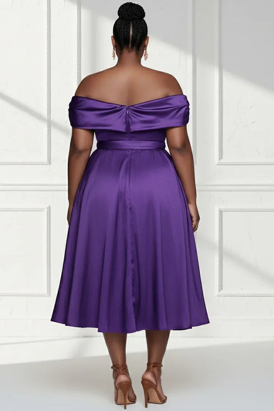 Simple A-Line Off The Shoulder Cap Sleeve Satin Midi Length Plus Size Prom Dress