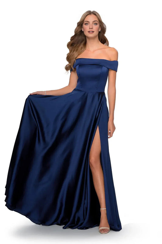 Simple A-Line Off the Shoulder Cap Sleeve Satin Floor-Length Prom Dress
