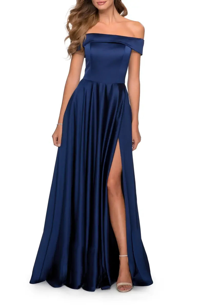 Simple A-Line Off the Shoulder Cap Sleeve Satin Floor-Length Prom Dress