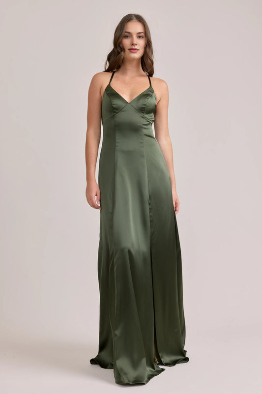 Simple A-Line Off the Shoulder Sleeveless Satin Floor-Length Prom Dress