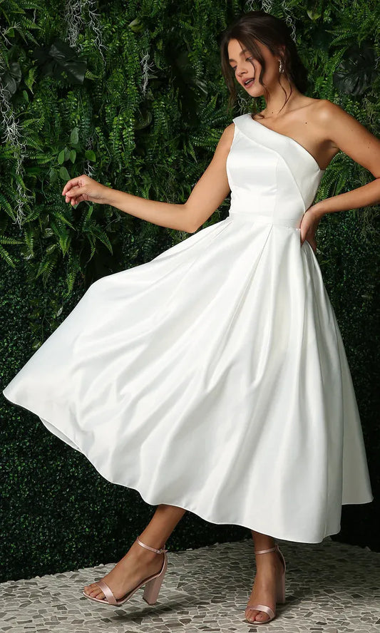 Simple A-Line One-Shoulder Sleeveless Satin Tea-Length Prom Dress