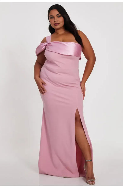 Simple A-Line One Shoulder Sleeveless Satin Floor-Length Plus Size Prom Dress