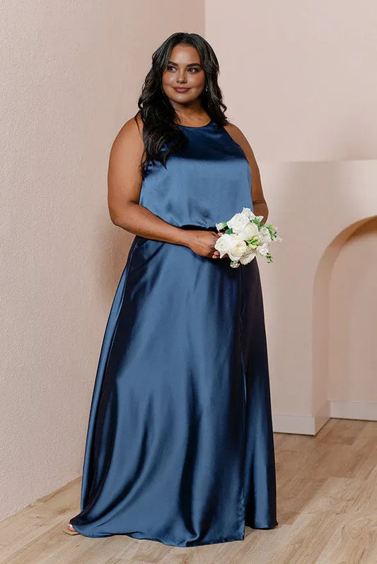 Simple A-Line Scoop Neck Sleeveless Satin Floor-Length Plus Size Prom Dress