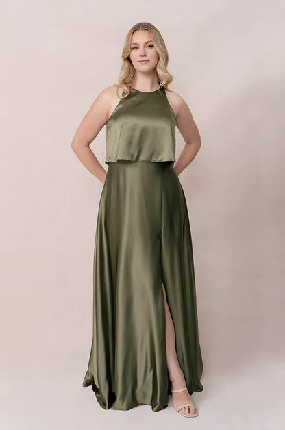 Simple A-Line Scoop Neck Sleeveless Satin Floor-Length Prom Dress