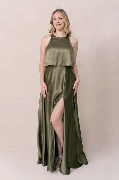 Simple A-Line Scoop Neck Sleeveless Satin Floor-Length Prom Dress