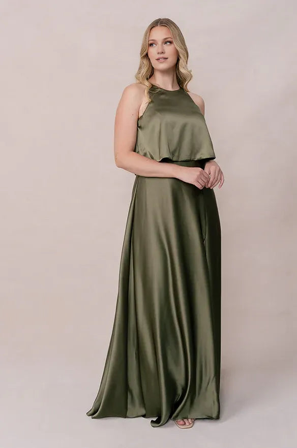 Simple A-Line Scoop Neck Sleeveless Satin Floor-Length Prom Dress