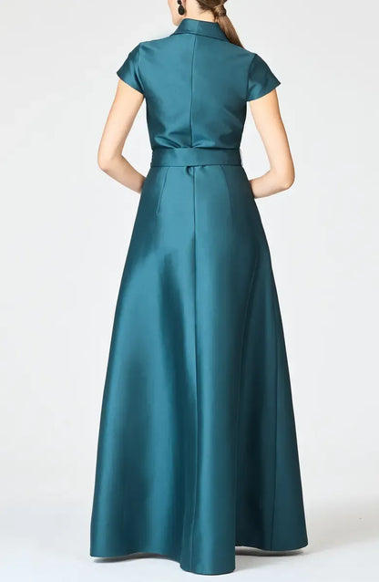 Simple A-Line Shirt Collared Cap Sleeve Satin Floor-Length Mother of the Bride Dress