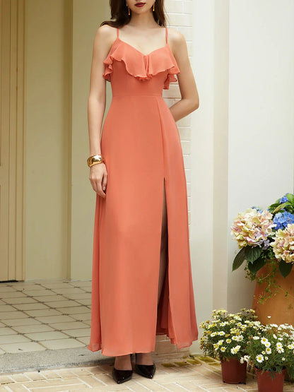 Simple A-Line Spaghetti Straps Sleeveless Zipper Up Floor-Length Prom Dress