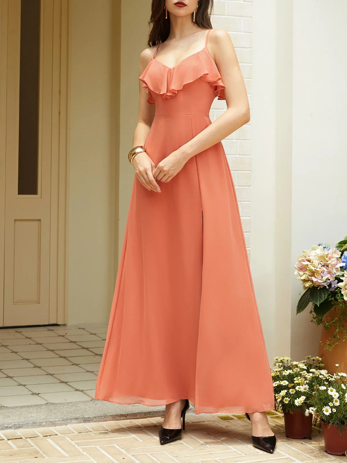 Simple A-Line Spaghetti Straps Sleeveless Zipper Up Floor-Length Prom Dress