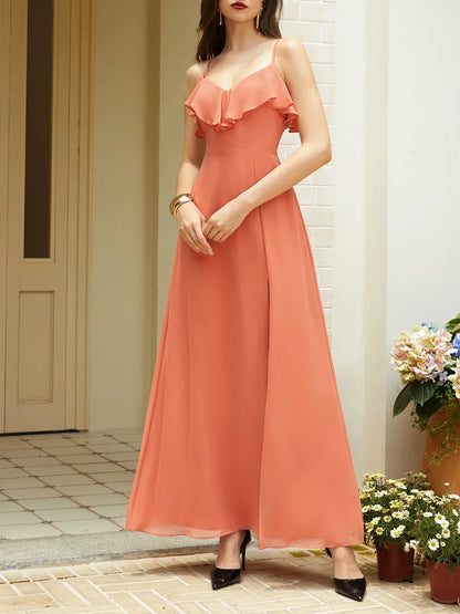 Simple A-Line Spaghetti Straps Sleeveless Zipper Up Floor-Length Prom Dress