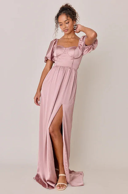 Simple A-Line Square Neck Short Sleeve Satin Floor-Length Prom Dress