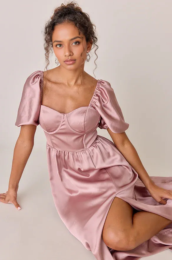 Simple A-Line Square Neck Short Sleeve Satin Floor-Length Prom Dress