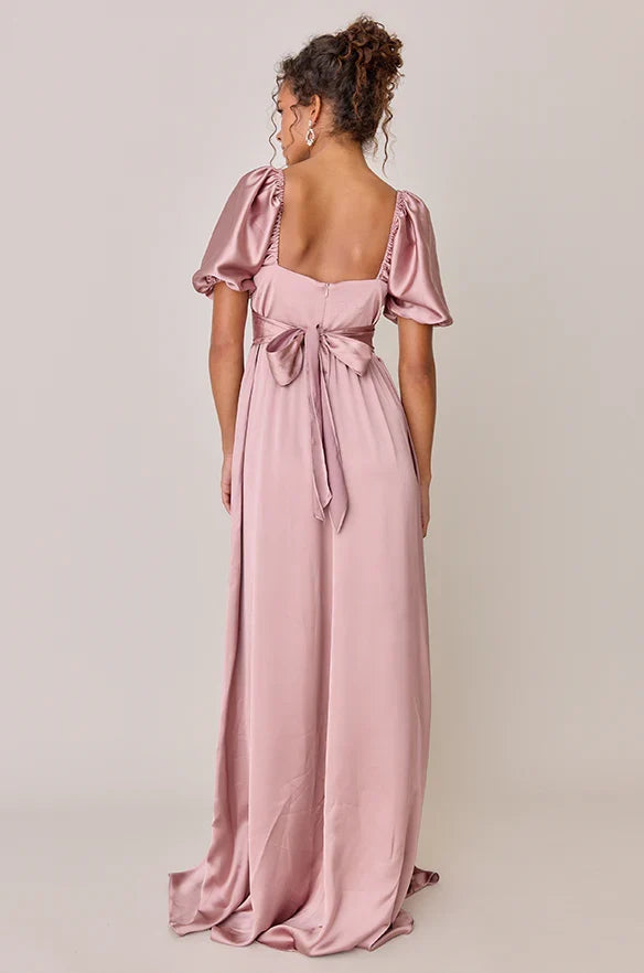 Simple A-Line Square Neck Short Sleeve Satin Floor-Length Prom Dress