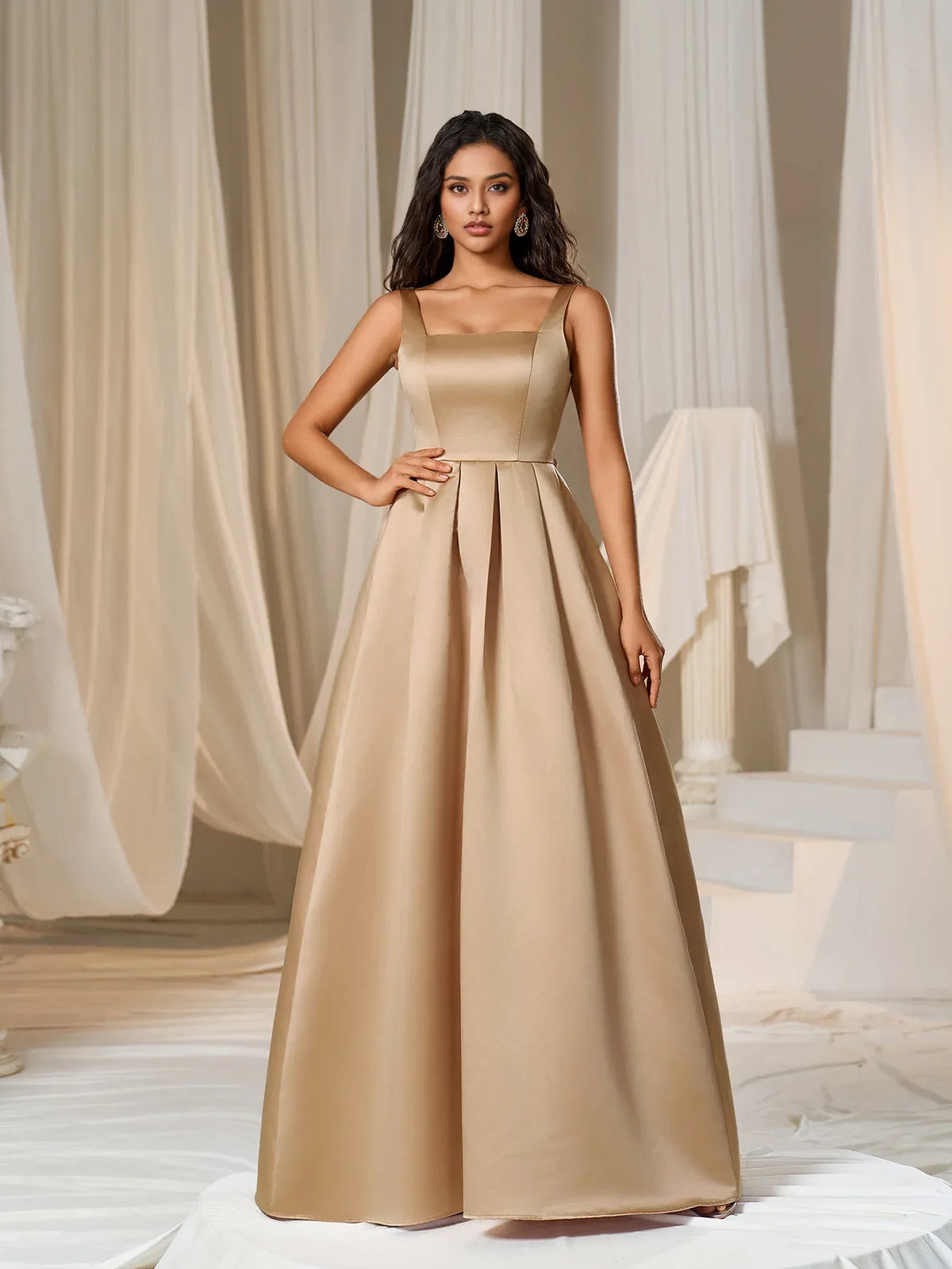 Simple A-Line Square Neck Sleeveless Lace Up Floor-Length Prom Dress