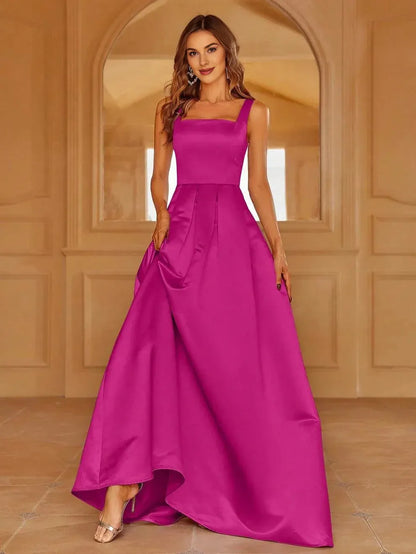 Simple A-Line Square Neck Sleeveless Lace Up Floor-Length Prom Dress
