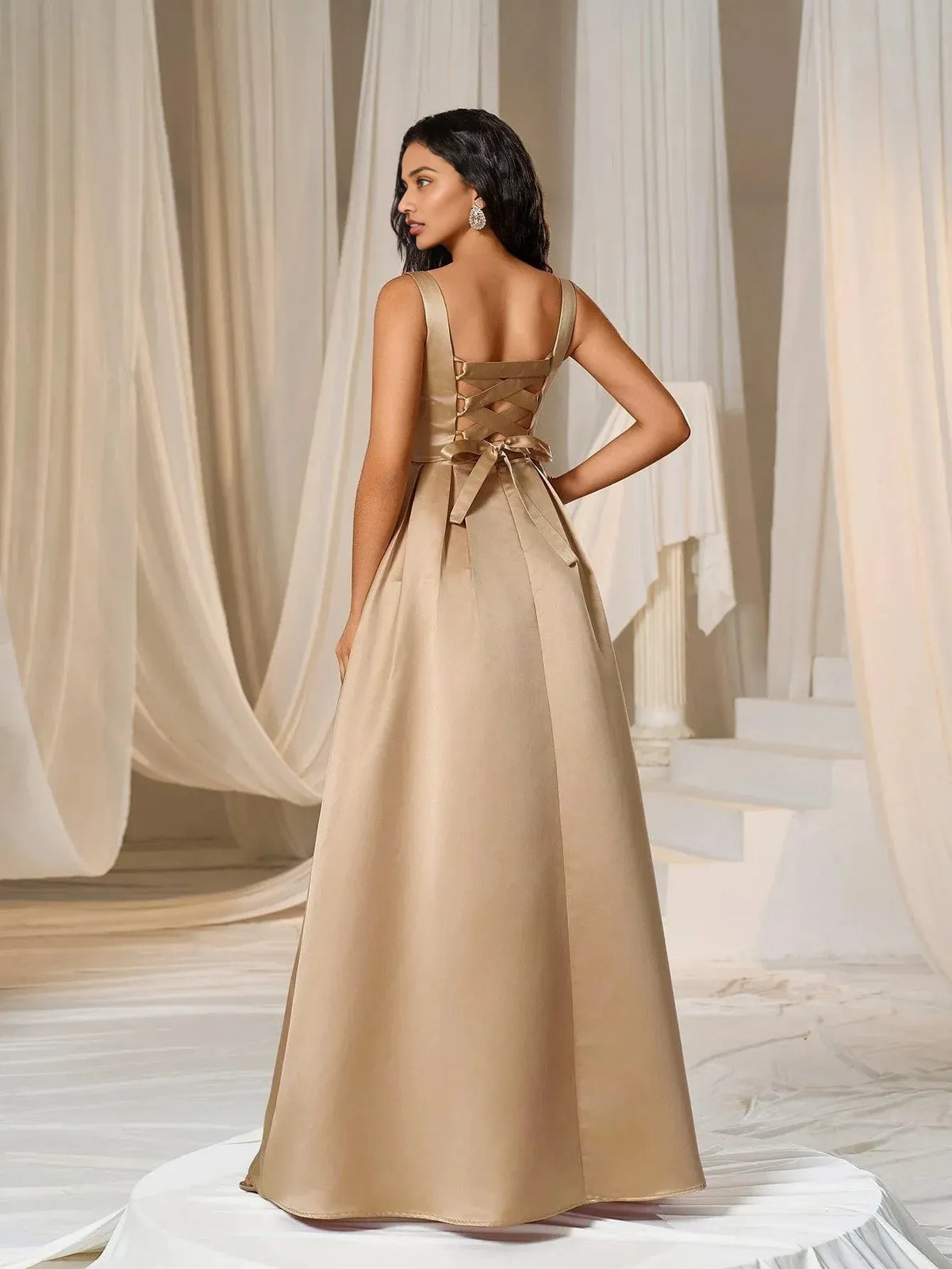 Simple A-Line Square Neck Sleeveless Lace Up Floor-Length Prom Dress