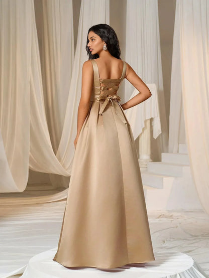 Simple A-Line Square Neck Sleeveless Lace Up Floor-Length Prom Dress