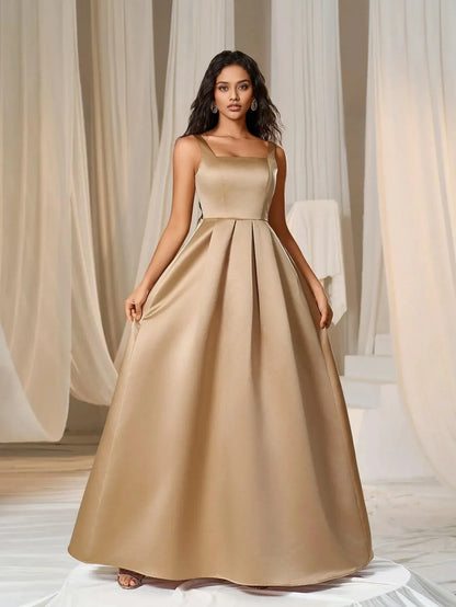 Simple A-Line Square Neck Sleeveless Lace Up Floor-Length Prom Dress