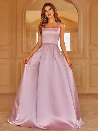 Simple A-Line Square Neck Sleeveless Lace Up Floor-Length Prom Dress
