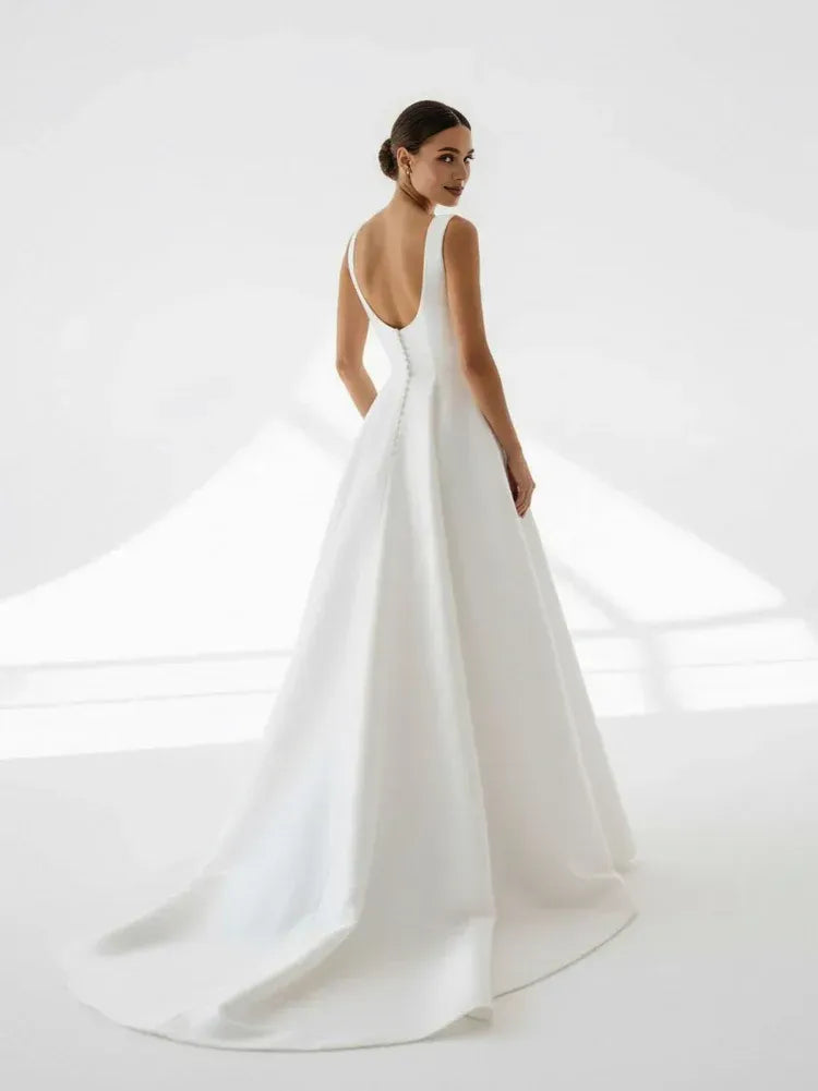 Simple A-Line Square Neck Sleeveless Pleated Satin Sweep Train Wedding Dress