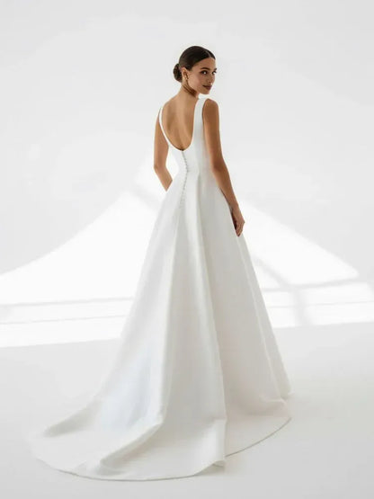 Simple A-Line Square Neck Sleeveless Pleated Satin Sweep Train Wedding Dress