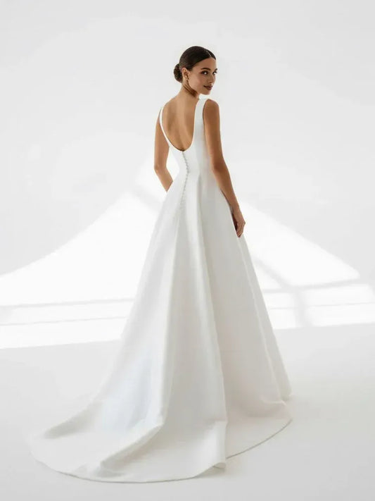 Simple A-Line Square Neck Sleeveless Pleated Satin Sweep Train Wedding Dress