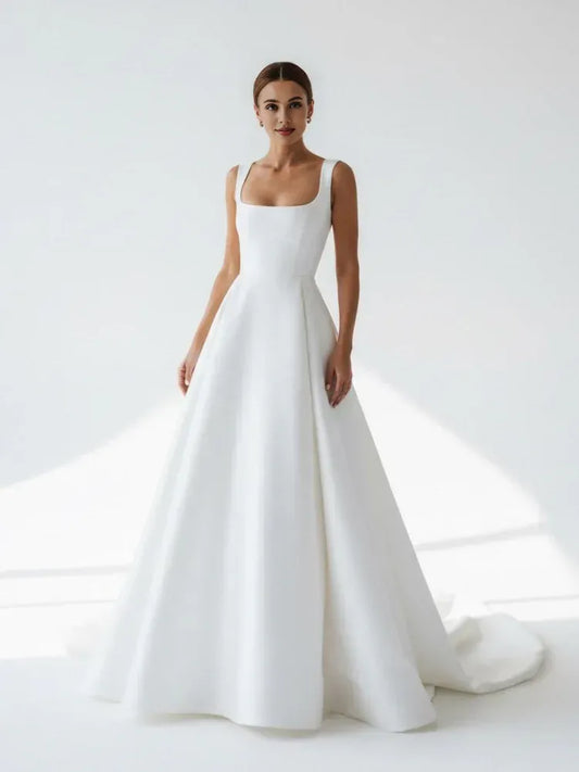 Simple A-Line Square Neck Sleeveless Pleated Satin Sweep Train Wedding Dress