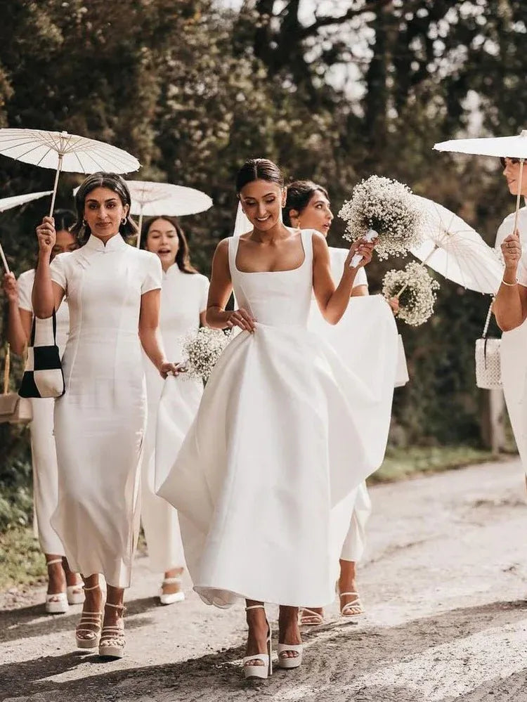 Simple A-Line Square Neck Sleeveless Pleated Satin Sweep Train Wedding Dress