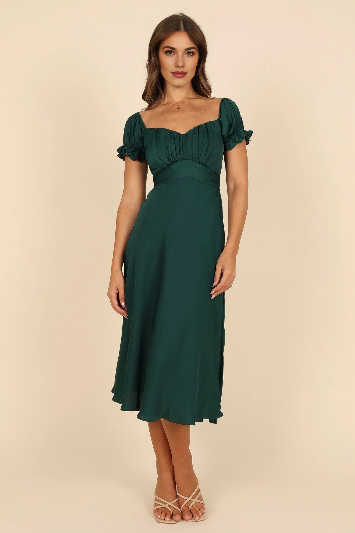 Simple A-Line Sweetheart Neck Short Sleeve Satin Tea-Length Prom Dress
