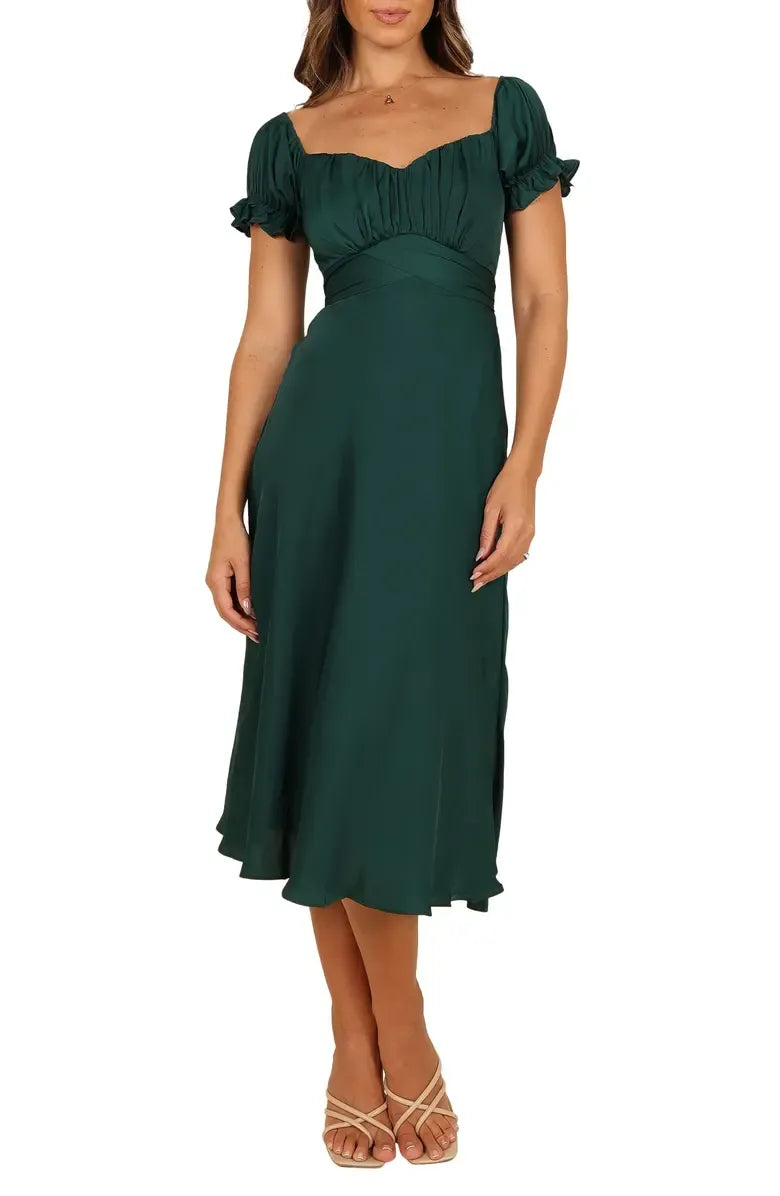 Simple A-Line Sweetheart Neck Short Sleeve Satin Tea-Length Prom Dress