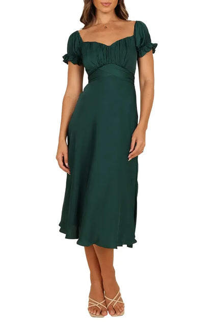 Simple A-Line Sweetheart Neck Short Sleeve Satin Tea-Length Prom Dress