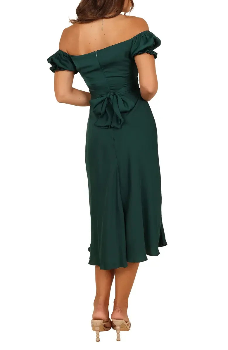 Simple A-Line Sweetheart Neck Short Sleeve Satin Tea-Length Prom Dress