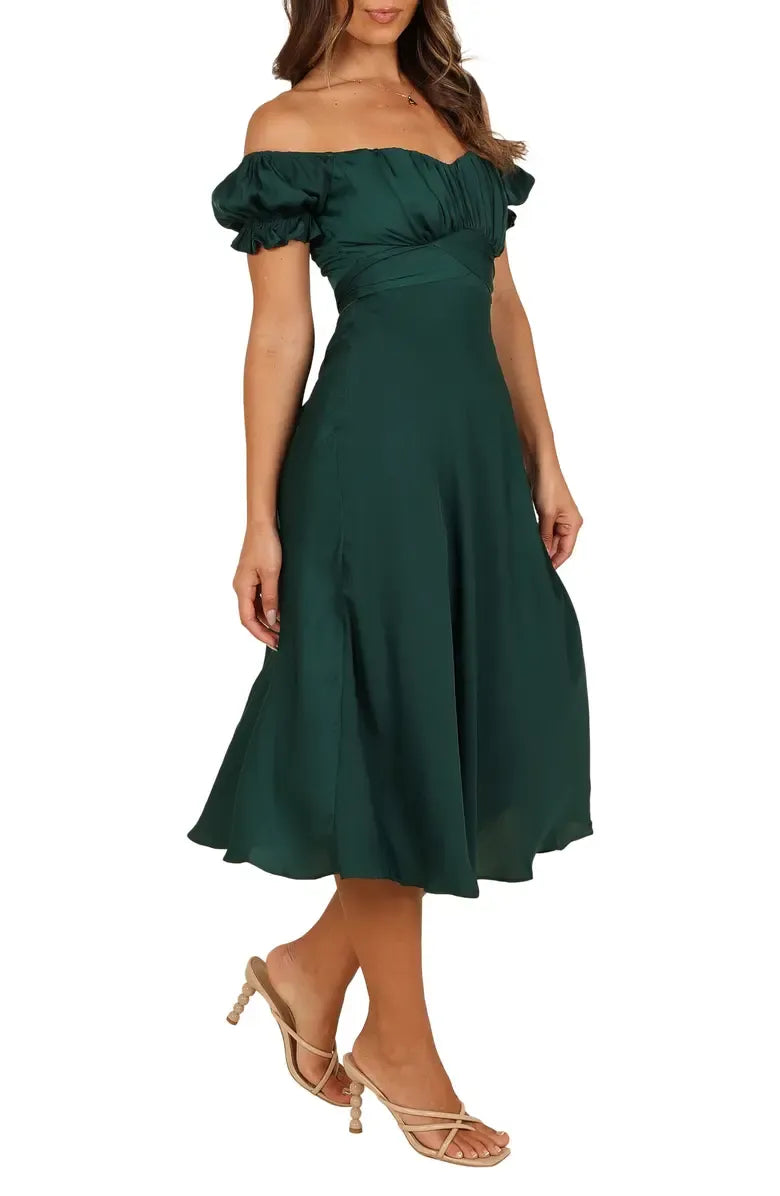 Simple A-Line Sweetheart Neck Short Sleeve Satin Tea-Length Prom Dress