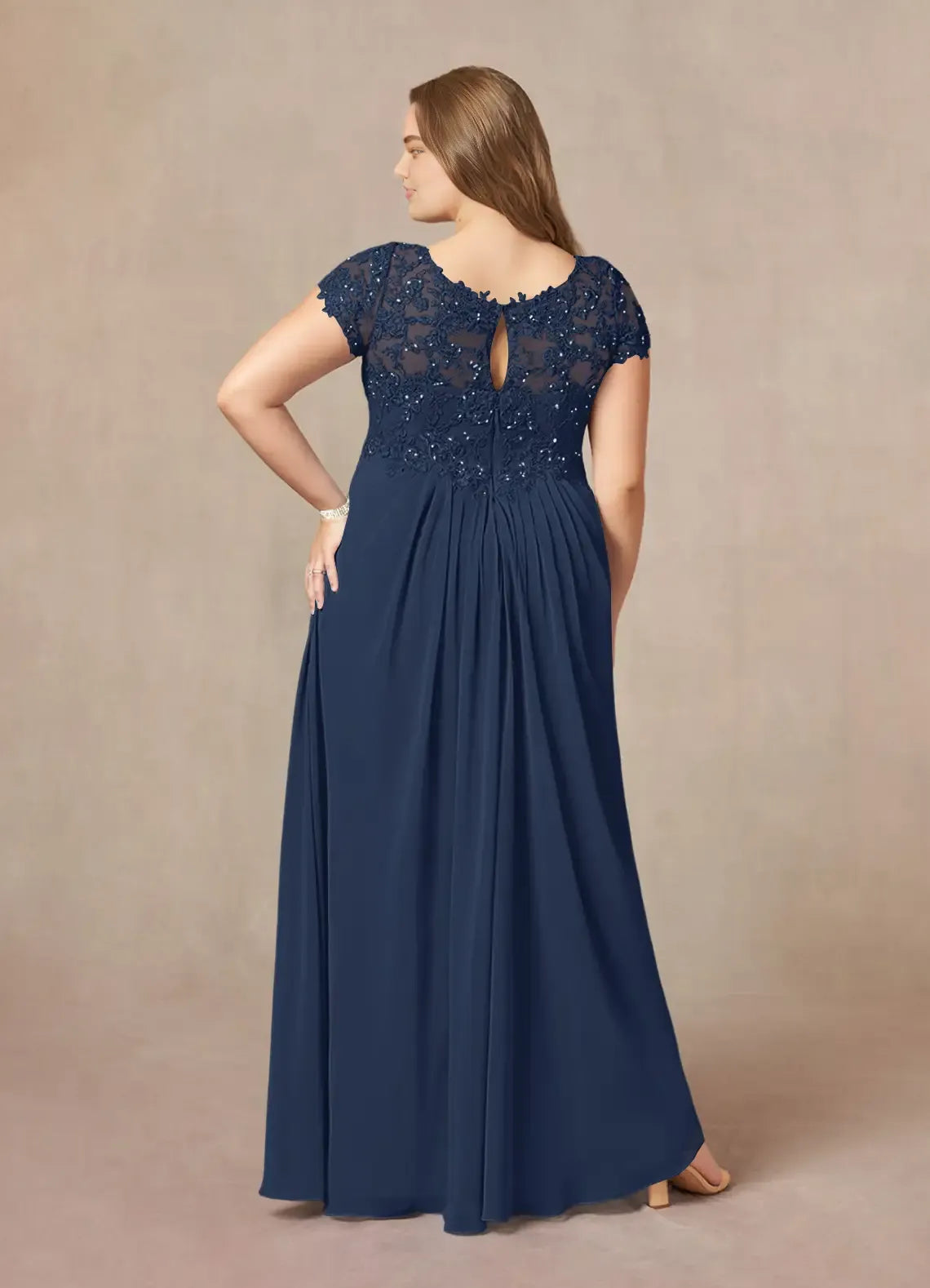 Simple A-Line V-Neck Cap Sleeves Keyhole Floor-Length Plus Size Mother of the Bride Dress