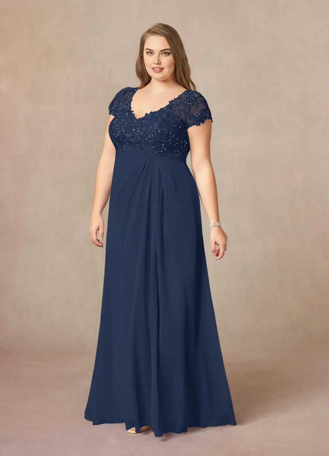 Simple A-Line V-Neck Cap Sleeves Keyhole Floor-Length Plus Size Mother of the Bride Dress