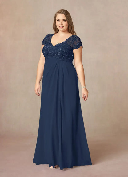 Simple A-Line V-Neck Cap Sleeves Keyhole Floor-Length Plus Size Mother of the Bride Dress
