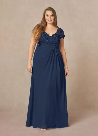 Simple A-Line V-Neck Cap Sleeves Keyhole Floor-Length Plus Size Mother of the Bride Dress